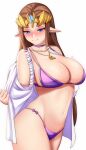  1girl 1girl alluring alternate_costume anisdrawn artist_name big_breasts bikini blue_eyes blush brown_hair choker cleavage commentary earrings english_commentary high_res jewelry long_hair looking_at_viewer navel necklace nintendo open_clothes open_shirt pointy_ears princess_zelda purple_bikini purple_choker shirt sidelocks smile swimsuit the_legend_of_zelda the_legend_of_zelda:_twilight_princess tiara triforce white_background white_shirt 