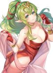 1girl alluring ass bare_shoulders bare_thighs big_ass big_breasts breasts cape cleavage collar collarbone dress female_only fire_emblem fire_emblem_awakening garter_straps gloves green_eyes green_hair hair_ornament high_res jewelry kokouno_oyazi long_hair manakete nintendo no_bra no_panties no_underwear older pointy_ears ponytail red_dress red_gloves short_dress side_slit simple_background smile solo_female stockings strapless strapless_dress thighs tiara tiki_(adult)_(fire_emblem) tiki_(fire_emblem) undressing white_background