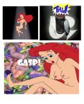 1girl 2024 barefoot black_background blue_eyes breasts closed_eyes comic crossover disney dream dreaming english_text falling_down feet lipstick navel night nightmare nipples open_eyes open_mouth princess_ariel pussy red_hair sexy sexy_body text the_little_mermaid toy_arms toy_story_2 trash_can