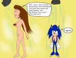  1boy 1girl barefoot blue_penis blue_skin breasts breasts brown_hair closed_eyes english_text eyebrows eyelashes feet furry green_eyes hedgehog human navel nipples open_eyes open_mouth pussy sarah sega sega shower smile sonic_the_hedgehog sonic_the_hedgehog_(series) text text_bubble water_drop wet wet_body white_gloves yellow_background 