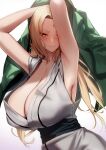 1girl 1girl armpits arms_behind_head arms_up bangs bare_shoulders big_breasts big_breasts blonde_hair blush breasts brown_eyes clavicle cleavage closed_mouth clothed_female clothing facial_mark fanbox_reward female_only forehead_mark green_jacket high_res high_resolution holding_jacket huge_breasts jacket jacket_removed kimono long_hair looking_at_viewer lun7732 mature mature_female naruto naruto_shippuden obi one_arm_up one_eye_closed parted_bangs pivix_fanbox robe sash simple_background sleeveless smile solo_female tagme tsunade very_high_resolution wafuku white_background white_kimono