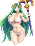 1girl abs alluring alternate_breast_size alternate_costume athletic_female big_breasts bikini breasts female_abs fit_female green_eyes green_hair holding holding_object holding_staff kid_icarus light-skinned_female light_skin looking_at_viewer medium_hair nintendo open_mouth palutena staff swimsuit watermark zipskyblue
