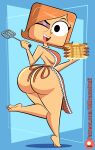  1girl apron apron_only ass bacon bare_legs barefoot black_eyes blue_background breakfast ckdrawstuff cute debbie_turnbull female_only looking_back milf naked_apron open_mouth orange_hair pancakes robotboy shiny shiny_skin sideboob solo_female toes winking_at_viewer 