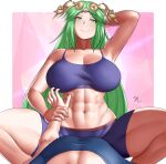  1boy 1girl 1girl abs alluring arcedo arm_grab ass athletic_female bare_midriff big_ass big_breasts breasts cleavage female_abs female_focus fit_female green_eyes green_hair guided_breast_grab kid_icarus long_hair midriff palutena shorts smile solo_focus squatting stretching thick_thighs very_long_hair 