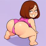  1girl 1girl 1girl ai_generated all_fours ass barefoot bent_over brown_hair family_guy from_behind glasses huge_ass large_ass looking_back meg_griffin one-piece_swimsuit presenting presenting_hindquarters short_hair simple_background smile swimsuit 