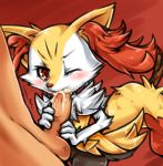  blush braixen cum cum_in_mouth cum_inside drooling fellatio female hetero human interspecies male nintendo one_eye_closed oral oral_sex penis pokemon pokephilia prim red_eyes saliva sex size_difference testicles video_games wide_hips 