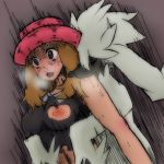  bad_id beastiality bent_over big_breasts blue_eyes blush breast_slip breasts brown_hair clothed_sex doggy_position empty_eyes fucked_silly furfrou hat inverted_nipples long_hair monster nipples one_breast_out pokemon pokemon_(game) pokemon_xy ruijiru serena_(pokemon) sex sweat torn_clothes 