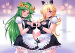  2_girls abstract_background alluring artist_signature bell_collar blonde_hair blue_eyes blush choker company_connection crossover duo earrings female_only green_eyes green_hair heart heart_hands kid_icarus lipstick looking_at_viewer maid maid_headdress maid_uniform mario_(series) multiple_girls nintendo palutena princess_rosalina rosalina smile star-shaped_earrings sugarbell 