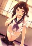  1girl :d all_fours black_hair blush chitanda_eru collarbone finger_to_mouth hair_in_mouth hyouka inato_serere looking_at_viewer open_mouth panties panty_pull pink_eyes pokemon pussy pussy_juice school_uniform skirt skirt_pull smile solo sweat uncensored underwear wet_panties white_panties 