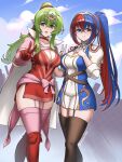  2_girls :d absurd_res alear_(female)_(divine_attire)_(fire_emblem) alear_(female)_(fire_emblem) alear_(fire_emblem) alluring artist_name big_breasts blue_eyes blue_hair blush breasts burnt_green_tea cape cleavage closed_mouth crossed_bangs dragon_girl dress female_focus fire_emblem fire_emblem_awakening fire_emblem_engage garter_straps gloves green_eyes green_hair hair_between_eyes heterochromia high_res in-franchise_crossover long_hair looking_at_viewer matching_hair/eyes multicolored_hair multiple_girls nintendo open_mouth pointy_ears ponytail red_dress red_eyes red_gloves red_hair skindentation smile stockings tiara tiki_(adult)_(fire_emblem) tiki_(fire_emblem) trait_connection two-tone_hair v 
