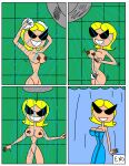  1girl 1girl 2022 ass blue_towel breast_grab breasts breasts comic disney female_only fingering_pussy green_background knick_knack looking_at_viewer matiriani28 navel nipples pixar pussy pussy shower shower_curtain smile sunglasses sunny_miami washing_hair water_drop yellow_hair 