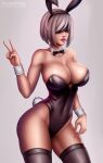 1girl alternate_version_available big_breasts breasts bunny_ears bunnygirl bunnysuit cleavage female_only flowerxl nier nier:_automata simple_background square_enix stockings thick_thighs v video_game_character yorha_2b yorha_no._2_type_b