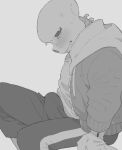 1boy animated_skeleton bulge_through_clothing clothed erection erection_under_clothes erection_under_clothing looking_at_viewer male male_only monochrome monster not_furry sans sans_(undertale) simple_background skeleton solo solo_male sweatdrop udncat_ura undead undertale undertale_(series)