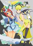  &gt;_&lt; 2girls alternate_costume arched_back arm arms art back bare_legs bent_over big_breasts black_thighhighs blonde blonde_hair blue_dress blue_eyes blue_gloves blush breasts cable choker cleavage closed_eyes detached_sleeves dress elbow_gloves elesa emolga female flying fuuro_(pokemon) gloves gym_leader hair hair_ornament hand_holding happy headphones high_heels highres holding_hands interlocked_fingers kamitsure_(pokemon) large_breasts leaning leaning_forward leg_lift leg_up legs looking_at_viewer magyo multiple_girls neck nintendo open-back_dress open_mouth outstretched_arm outstretched_hand pokemon pokemon_(anime) pokemon_(game) pokemon_black_and_white pokemon_bw red_hair redhead scarf shiny shiny_hair shiny_skin shoes short_hair side_ponytail side_slit skyla smile standing standing_on_one_leg swanna thighhighs two-tone_background yellow_dress yellow_high_heels yuri 