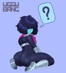 2d 2d_(artwork) ambiguous_gender androgynous armor armored_boots armored_gloves ass_focus bangs_over_eyes big_ass black_hair blue_background blue_body blue_skin bodysuit deltarune digital_media_(artwork) fat_ass hair_over_eyes human human_only kris_(dark_world_form) kris_(deltarune) question_mark red_scarf short_hair silver_boots simple_background skin-tight skin-tight_suit solid_color_background solo_human third-party_source twitter uggu_bang undertale_(series) video_game_character video_games