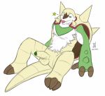  3_fingers 3_toes anthro_pokemon chesnaught erection green_eyes hairy_chest male male_anthro nintendo one_eye_closed packmind penis pokemon sitting solo spikes star testicles tongue tongue_out uncut video_games white_background wink 