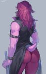 1girl 2020s 2021 2d 2d_(artwork) anthro artist_name ass ass_focus back_view big_ass butt clothed clothing deltarune digital_media_(artwork) female female_only grey_background jacket long_hair muscular muscular_female pants pink_body pink_skin punk punk_girl purple_hair purple_skin simple_background small_tail solid_color_background solo solo_anthro solo_female spiked_bracelet susie_(dark_world_form) susie_(deltarune) suurin_(ksyaro) tail thick_thighs thighs undertale_(series) unseen_female_face video_game_character video_games