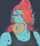 1girl 2d 2d_(artwork) anthro anthro_only black_tank_top blue_body blue_skin cleavage dark_background digital_media_(artwork) donut doughnut ear_fins female female_anthro female_only fish fish_girl food food_in_mouth hair hair_over_one_eye kosafordraw monster monster_girl red_hair simple_background solid_color_background solo solo_anthro solo_female tank_top tanktop undertale undertale_(series) undyne upper_body video_game_character video_games yellow_sclera