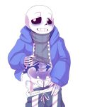 2010s 2017 animated_skeleton artist_name blue_blush blue_hoodie blue_jacket blush exposed hooded_jacket hoodie jacket looking_away male_only monster not_furry pants_down pants_pulled_down sans sans_(undertale) shirt_lift shirt_pulled_up shirt_up simple_background sinfulsanspar skeleton solo sweater undead undertale undertale_(series) white_background