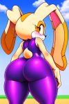 ai_generated ass blush bubble_butt cream_the_rabbit cub female_focus furry furry_female high_res latex_suit looking_back sega sky sonic sonic_the_hedgehog_(series) sweat tail thighs