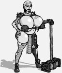 armor belly_bulge belly_expansion gigantic_ass gigantic_breasts hammer monochrome pregnant scar scarf smirk thirty