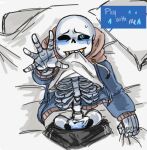 1boy 2010s 2016 2d 2d_(artwork) animated_skeleton biting_clothes biting_shirt blue_hoodie blue_jacket bottom_sans digital_media_(artwork) ecto-tiddy english_text fangs grabbing_sheets gripping_sheets hand_towards_viewer hooded_jacket hoodie inviting jacket lying_on_back male male_only malesub monster on_back reaching_out reaching_towards_viewer sans sans_(undertale) shirt_up skeleton solo solo_male submissive submissive_male sweat text uke_sans undead undertale undertale_(series) video_games