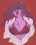 1girl anthro anthro_only bra breasts cleavage deltarune female female_anthro female_only flower flower_in_mouth hair_over_eyes kosafordraw long_hair purple_body purple_skin red_background rose rose_in_mouth rose_petals simple_background solid_color_background solo solo_anthro solo_female susie_(deltarune) susie_(light_world_form) unbuttoned unbuttoned_shirt undertale_(series) upper_body