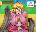  1boy 1girl big_breasts big_penis blonde_hair blue_eyes blush clothed clothing condom detnox dress english_text erect_penis erection female female_focus horny huge_breasts huge_cock huge_penis imminent_sex insanely_hot large_breasts large_penis long_hair looking_at_penis male mario_(series) nintendo penis penis_awe pink_dress princess_peach sagging_breasts saggy_breasts sexy sexy_body sexy_breasts sexy_penis super_mario_bros. super_smash_bros. sweat sweatdrop tagme testicle text text_box 