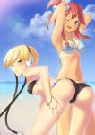  2_girls 2girls ;d aqua_eyes aral arm armlet armpits arms arms_behind_head arms_up art ass babe bare_legs bare_shoulders beach bent_over bikini bird black_bikini black_swimsuit blonde blonde_hair blue_bikini blue_eyes blue_ribbon blue_swimsuit blush bracelet breasts brown_hair cable cloud collarbone elesa erect_nipples female fuuro_(pokemon) green_eyes gym_leader hair_ornament hair_ribbon hand_on_leg happy headphones high_res highres jewelry kamitsure_(pokemon) leg_grab legs lens_flare long_hair looking_at_viewer looking_back midriff multiple_girls navel neck necklace nintendo ocean one_eye_closed open_mouth pokemon pokemon_(anime) pokemon_(game) pokemon_black_and_white pokemon_bw ponytail red_hair redhead ribbon ring sand sea shiny shiny_hair shiny_skin short_hair shy sky skyla smile standing strapless strapless_bikini strapless_swimsuit swimsuit tan tan_line tubetop underboob water wink 
