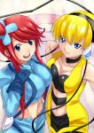  2_girls 2girls arm arms asymmetrical_docking babe bare_shoulders big_breasts blonde blonde_hair blue_eyes blue_gloves blush breast_press breasts choker cleavage elesa female fuuro_(pokemon) gloves gym_leader hair_ornament hand_on_chest hand_on_hip hand_on_own_chest happy headphones high_res highres jeans kamitsure_(pokemon) kiyoko3sai large_breasts lips long_hair long_sleeves looking_at_viewer midriff multiple_girls navel neck nintendo open_mouth pants pantyhose pokemon pokemon_(anime) pokemon_(game) pokemon_black_and_white pokemon_bw red_hair redhead shiny shiny_hair shiny_skin short_hair short_shorts shorts side_ponytail skyla smile strapless suspenders tubetop vest 