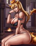 1female 1girl alternate_version_available big_breasts blonde_hair blue_eyes bowsette breasts castle_background cleavage crown detailed_background female_only flowerxl genderswap horns indoors light-skinned_female light_skin looking_at_viewer mario_(series) new_super_mario_bros._u_deluxe nintendo purple_lipstick side_view sitting tail