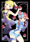  2girls arm armpits arms arms_up art babe bad_id bare_legs black_background blonde blonde_hair blue_eyes blush boots breasts cable choker cleavage collarbone cord elesa female fuuro_(pokemon) gloves gym_leader hair halter_top halterneck happy headphones highres holding holding_poke_ball kamitsure_(pokemon) legs looking_at_viewer midriff multiple_girls nakayama_miyuki navel neck nintendo open_clothes open_mouth open_shirt pantyhose pointing poke_ball pokemon pokemon_(anime) pokemon_(game) pokemon_black_and_white pokemon_bw ponytail red_hair redhead serious shiny shiny_hair shirt short_hair short_shorts shorts side_ponytail skyla smile strapless tubetop vest wire 