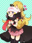 2_girls 2girls age_difference arm arms arms_around_neck art bag beanie black_thighhighs blonde blonde_hair blue_eyes blue_hair blush blush_stickers bracelet clenched_hand clenched_hands coat creatures_(company) cynthia_(pokemon) dawn_(pokemon) embarrassed female from_behind fujisaki_(hjsk) game_freak hair_ornament hair_over_one_eye happy hat heart hikari_(pokemon) hug hug_from_behind huge_breasts hugging humans_of_pokemon legs long_hair long_sleeves love multiple_girls nintendo open_mouth pants pokemon pokemon_(anime) pokemon_(game) pokemon_black_2_&amp;_white_2 pokemon_black_and_white pokemon_bw pokemon_bw2 pokemon_diamond_pearl_&amp;_platinum pokemon_dppt scarf shirona_(pokemon) shy skirt smile standing striped striped_background surprised thighhighs very_long_hair yuri