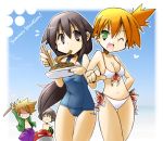  2boys 2girls :d anger_vein bikini black_eyes black_hair blindfold blue_(pokemon) breasts brown_hair cleavage eating english food front-tie_top fruit green_eyes grin heart kasumi_(pokemon) leaf_(pokemon) long_hair multiple_boys multiple_girls navel noodles ocean one-piece_swimsuit one_eye_closed ookido_green open_clothes open_mouth open_shirt orange_hair pasta pastagrin pokemon pokemon_(game) pokemon_frlg pokemon_rgby rascal red_(pokemon) school_swimsuit shirt side-tie_bikini side_ponytail sky smile spaghetti stick suikawari summer swim_trunks swimsuit thigh_gap thighs voltorb watermelon wink 