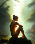 aenya braid braided_hair braided_ponytail depth_of_field fictional_character fog jungle naked_female native naturalist nude_female painting red_hair river sitting sunset the_feral_girl thelana