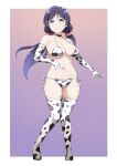  1girl 1girl animal_ears animal_print big_breasts bikini black_choker border breasts choker cleavage closed_mouth collarbone commission cow_ears cow_horns cow_print cow_print_bikini cow_print_thighhighs elbow_gloves full_body gloves gluteal_fold green_eyes high_res horns limelam06 love_live! love_live!_school_idol_project low_twintails navel print_bikini print_gloves print_thighhighs purple_hair skindentation smile stockings stomach swimsuit toujou_nozomi twin_tails v-shaped_eyebrows white_border 