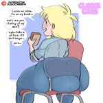  1girl 2023 2d 2d_(artwork) adventure_time adventure_time:_fionna_&amp;_cake ass ass_focus big_ass blonde_hair chair cuddlecore denim dialogue eyes female_focus female_only fionna_and_cake fionna_campbell fionna_the_human_girl high_res high_resolution huge_ass jeans looking_at_viewer looking_back low-angle_view massive_ass massive_butt open_eyes open_mouth plump_ass pov pov_eye_contact rear_view see-through_chair sitting sitting_on_chair talking talking_to_viewer thick thick_ass thick_legs thick_thighs tight_clothing tight_fit x-ray 