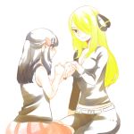 2_girls 2girls arm arm_support arms art artist_request belt black_eyes blonde blonde_hair blue_eyes blue_hair blush breasts camisole cleavage creatures_(company) cynthia_(pokemon) dawn_(pokemon) female game_freak hair_over_one_eye hand_holding hat hikari_(pokemon) huge_breasts humans_of_pokemon jeans long_hair long_sleeves looking_at_another looking_down love multiple_girls neck nintendo pants pokemon pokemon_(anime) pokemon_(game) pokemon_black_2_&amp;_white_2 pokemon_black_and_white pokemon_bw pokemon_bw2 pokemon_diamond_pearl_&amp;_platinum pokemon_dppt shirona_(pokemon) shy sitting skirt smile white_background yuri