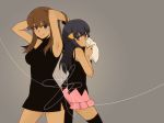  2_girls 2girls adjusting_hair alternate_breast_size arm armpits arms arms_behind_head arms_up art babe back-to-back bare_legs bare_shoulders beanie black_dress black_legwear blue_(pokemon) blue_eyes blue_hair blush breasts brown_hair colored_eyelashes covering covering_mouth crossover dawn dress female grey_background hair_ornament hat hat_removed headwear_removed hikari_(pokemon) holding holding_hat kuruma_(rk) legs legwear long_hair looking_at_viewer looking_back multiple_girls nintendo platinum_berlitz pokemon pokemon_(game) pokemon_dppt pokemon_frlg pokemon_special side_slit simple_background skirt sleeveless sleeveless_turtleneck smile standing thighhighs turtleneck 