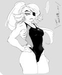 &gt;:( ... 1girl 2010s 2018 2d 2d_(artwork) anthro anthro_only black_and_white breasts delta_rune_(emblem) digital_media_(artwork) ear_fins eye_patch eyepatch fangs female_anthro female_only fish fish_girl grey_background hair hand_on_hip head_fins japanese_text long_hair marine medium_breasts monster monster_girl non-mammal_breasts one-piece_swimsuit ponytail ribon22 simple_background slit_pupils solo_anthro solo_female spoken_ellipsis swimsuit swimwear text thighs undertale undertale_(series) undyne very_long_hair video_game_character video_games