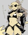 1girl 2010s 2018 :3 anthro anthro_only armor armored_gloves armwear bikini bikini_armor bikini_bottom bikini_top breasts cowboy_shot ear_fins eye_patch eyepatch female_anthro female_only fish fish_girl gauntlets grey_background hair head_fins holding_spear holding_weapon japanese_text legwear long_hair marine medium_breasts monochrome monster monster_girl navel non-mammal_breasts non-mammal_navel ponytail ribon22 simple_background skimpy_armor skimpy_outfit slit_pupils solo_anthro solo_female sparkle spear text twitter undertale undertale_(series) undyne very_long_hair weapon