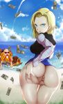 1boy 1girl 1girl aboart android_18 anime_milf arm_at_side ass big_ass blonde_hair blue_eyes blue_sky bob_cut breasts clothed_female cloud cloudy_sky dragon_ball dragon_ball_z fanart female_focus half-dressed high_res high_resolution huge_ass innie_pussy large_filesize looking_at_viewer looking_back male male/female master_roshi mature mature_female milf money ocean old_man pussy sand short_hair sky smirk solo_female tagme thin_eyebrows very_high_resolution water watermark wet wet_body
