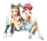  2_girls 2girls ahoge akane_(pokemon) alternate_costume arm arm_support arms art artist_request bare_legs black_socks bow brown_eyes brown_hair cosplay costume_switch denim denim_shorts dress feet female footwear gym_leader hair_bobbles hair_ornament jasmine_(pokemon) legs long_hair long_sleeves looking_at_another low_twintails mikan_(pokemon) multiple_girls neck nintendo open_mouth pink_eyes pink_hair pokemon pokemon_hgss ribbon sandals shirt short_hair short_shorts shorts simple_background sitting smile sneakers socks striped striped_socks twintails white_background whitney wristband young 