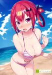 1girl 1girl absurd_res arm_under_breasts artist_name beach big_breasts bikini blue_sky blurry blurry_background blush breast_hold breasts cleavage cloud collarbone cowboy_shot day depth_of_field dutch_angle fang fisheye gabriel_dropout greatmosu hair_between_eyes hair_ornament hair_rings halterneck high_res navel non-web_source open_mouth outside photoshop_(medium) pink_eyes red_hair satanichia_kurumizawa_mcdowell scan sky string_bikini striped striped_bikini swimsuit water
