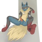1_male 1boy 2014 anthro ass barefoot blush canine erection fur furry jackal looking_down lucario male_only mammal mega_evolution mega_lucario nintendo nude on_floor one_eye_closed open_mouth pawpads paws penis pokemon redyth sharp_teeth sitting solo spikes spread_legs spreading teeth testicles video_games