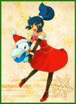  1_girl 1girl art artist_request babe bare_shoulders black_gloves blue_eyes blue_hair carrying christmas dawn dress dress_lift elbow_gloves female formal gloves hair_lift hair_ornament happy hat high_heels hikari_(pokemon) jewelry leaning leaning_forward long_hair looking_at_viewer necklace nintendo open_mouth pantyhose piplup pokemon pokemon_(anime) pokemon_(game) pokemon_dppt red_dress red_high_heels ribbon santa_costume santa_hat scrunchie smile snowflakes standing star star_hair_ornament strapless strapless_dress wind_lift x-mas 