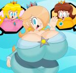  1girl 3_girls 3barts big_breasts blonde_hair blue_eyes breasts_bigger_than_head brown_hair female_only full_of_milk huge_breasts lipstick mario_(series) nintendo princess_daisy princess_peach rosalina sexy sexy_body sexy_breasts thick_thighs waving wide_hips 