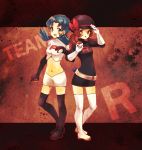  2girls blue_hair brown_hair clothes_writing colored cosplay crystal_(pokemon) great_ball hat hat_ribbon holding holding_poke_ball kotone_(pokemon) mati_(mksa) multiple_girls poke_ball pokemon pokemon_(game) pokemon_crystal pokemon_gsc pokemon_heartgold_and_soulsilver pokemon_hgss red_ribbon ribbon single_letter team_rocket team_rocket_(cosplay) 