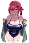 1girl 1girl bare_shoulders bat_hair_ornament big_breasts black_one-piece_swimsuit blush breasts cleavage collarbone gabriel_dropout greatmosu hair_ornament hair_rings high_res long_hair looking_at_viewer one-piece_swimsuit open_mouth purple_eyes red_hair satanichia_kurumizawa_mcdowell simple_background swimsuit thighs white_background