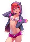 1girl 1girl :3 :d arm_up ataruman bikini bikini_under_clothes breasts cleavage commentary_request contrapposto cowboy_shot fang front-tie_bikini_top front-tie_top gabriel_dropout high_res hood hood_up hooded_jacket jacket long_hair long_sleeves looking_at_viewer low_twintails navel open_clothes open_fly open_jacket open_mouth photoshop_(medium) pink_shorts purple_eyes red_hair satanichia_kurumizawa_mcdowell short_shorts shorts side-tie_bikini_bottom simple_background small_breasts smile standing stomach striped striped_bikini swimsuit twin_tails unzipped white_background